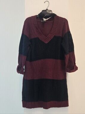 Striped V-Neck Sweater Dress in Burgundy and Black
